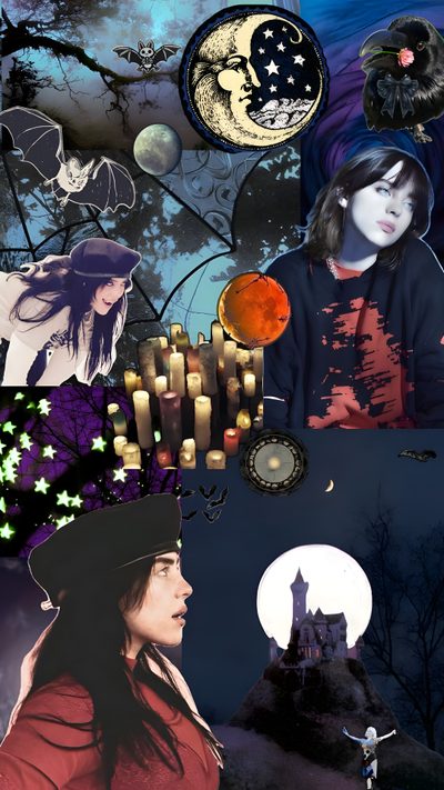 a collage of images with different people and objects in them, including an image of a woman wearing a hat Halloween Billie Eilish Forever Life, Soft, Halloween Iphone, Whimsical Halloween, Halloween, dark slate gray