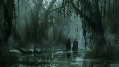 two people standing in the middle of a swampy area with trees and moss growing all around Halloween Swamp Haunted Swamp Background, Scary Swamps, Creepy Swamp, Eerie Swamp, dark slate gray