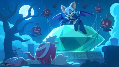 an animated cat is sitting on top of a large object in front of some creepy pumpkins Halloween Sonic Rouge The Bat Background, Rouge Banner Sonic, Sonic Computer, Rouge Banner, dark cyan