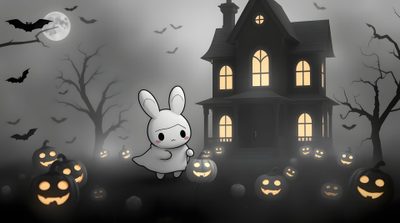 an animated rabbit in front of a house with pumpkins Halloween Bunny Hd Creative Diy Gifts, Class Gift, Black And White, Halloween Night, White, dim gray