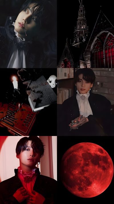 a collage of photos with the moon in the background Jungkook Halloween Jungkook Background, Jungkook Halloween, Vampire Jungkook, Jungkook Vampire, black