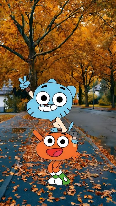 an image of cartoon characters on the street in front of trees with fall foliages Gumball Halloween World Of Gumball, The Amazing World Of Gumball, Art Drawings For Kids, Laptop, saddle brown