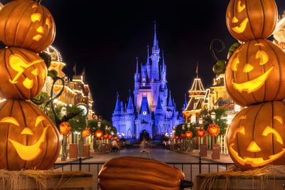 pumpkins are lit up in front of the castle at disney's halloween wonderland Walt Disney World Halloween Cinderella Castle At Night With Pumpkins, Disney Halloween Event Ideas, Fall Family Vacation Spots, saddle brown