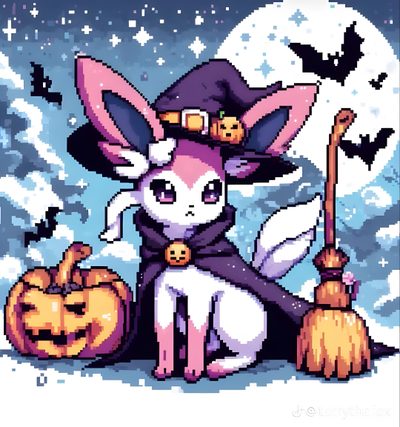 a cross stitch pattern of a cat dressed as a witch with a broom and pumpkins Halloween Sylveon Hd Halloween Sylveon, Autumn Pokemon, Sylveon Pictures, Pokemon Pfp Halloween, dark gray