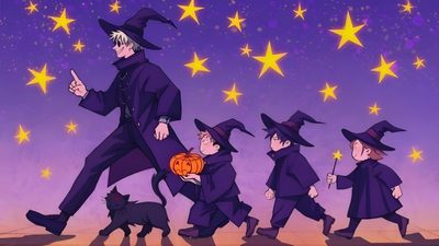 a group of children dressed up as witches walking across a street with pumpkins in their hands Jujustu Kaisen Halloween 1920x1080 Jujustu Kaisen Halloween Pfp, Halloween Jujutsu Kaisen Icons, Gojo Halloween, dark slate blue