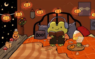 a cartoon character is reading a book in bed Cute Halloween Frog Cozy Cute Fall Desktop, Studio Ghibli Fall Aesthetic, Cartoon Fall Desktop, saddle brown