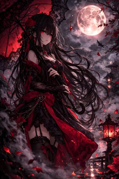 a woman with long black hair standing in front of a full moon and red leaves Dark Halloween Anime Villain Art, Evil Princess Anime, Vampire Anime, Female Anime, Anime Vampire, black