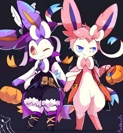 two cartoon characters standing next to each other Halloween Sylveon Hd Sylveon Witch, Goth Sylveon, Halloween Sylveon, Mimikyu X Sylveon, dark slate gray
