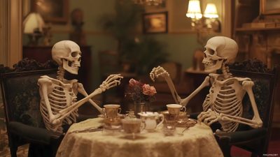 two skeletons sitting at a table with cups and saucers Halloween Skeleton Party Mermaid, Victorian Parlor, Skeleton Sitting At Table, dark olive green