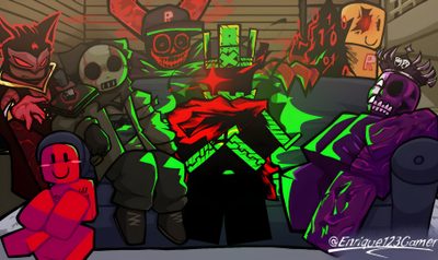 some cartoon characters are sitting in front of a fire place with green and red lights Forsaken Halloween Shattered Realities, Forsaken Tablet, Forsaken Background Pc, dark slate gray