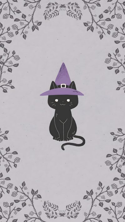 a black cat wearing a purple witches hat Halloween Kitty Lilac Custom Cat Witch Aesthetic, Halloween Chalkboard Art, Halloween Chalkboard, silver