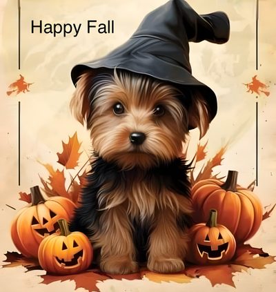 a small dog wearing a witches hat and sitting next to pumpkins with the caption happy fall Yorkie Halloween Autumn Yorkshire Terrier Design, Yorkie Autumn Pictures, Halloween Yorkie Dog Sign, dark salmon