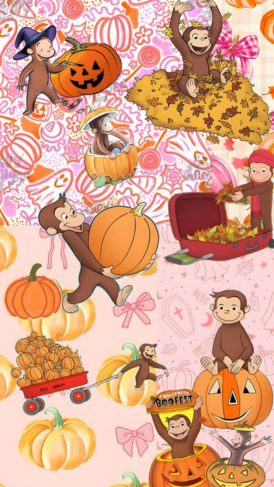 an image of halloween themed wallpaper with monkeys and pumpkins Halloween Monkey Halloween Curios George, Curious George Halloween, Curious George Autumn, burlywood