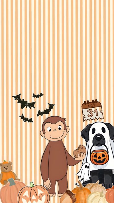 a monkey and a dog are standing in front of pumpkins Curious George Halloween Halloween, Halloween Backgrounds, Curious George Halloween, navajo white