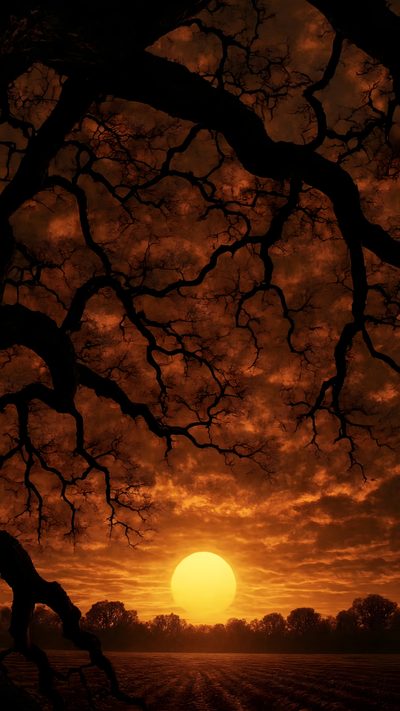 the sun is setting behind some trees in an orange and black sky with no leaves Halloween Sunrise Halloween Sunrise, Spooky Sunrise, Halloween Sunset Background, Spooky Sunset, maroon