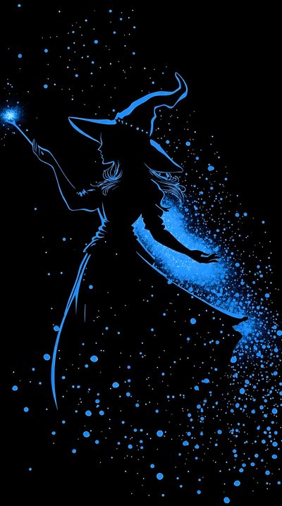 a woman flying through the air while holding a star in her hand and wearing a witches hat Blue Halloween Iphone Magic, Blue Witch, Blue Magic, Having A Bad Day, Dark Fantasy, Phone, black