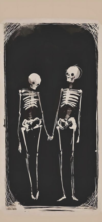 Skeleton Friends Wallpaper, Aesthetic Wallpaper Skeleton Friends, Spooky Skeletons Wallpaper, Phone Wallpaper Skeleton, Matching Spooky Wallpaper, Skeleton Phone Wallpaper Aesthetic, Spooky Matching Wallpapers, Matching Wallpaper Skeleton, Two Skeletons Wallpaper Halloween X-ray - Tan & Black Skeleton Friends, Aesthetic Skeleton Friends, Spooky Skeletons, dark slate gray