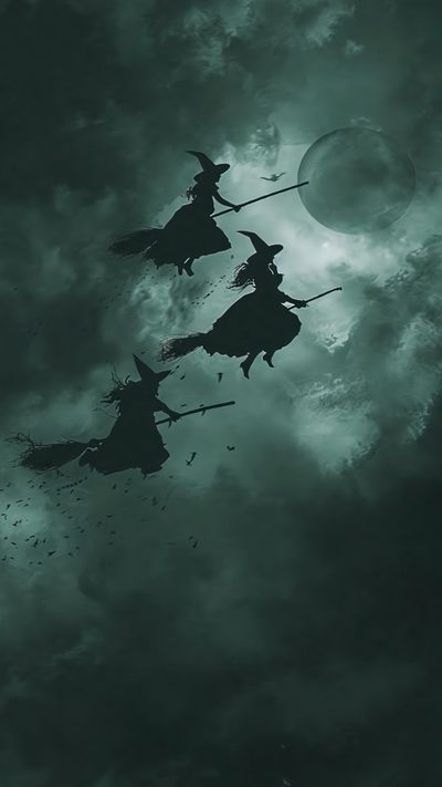 three witches riding on brooms in the sky Basic Witch Halloween Pretty Backgrounds Nature, Hexen, Vintage Witch Iphone, Witch Broom, dark slate gray