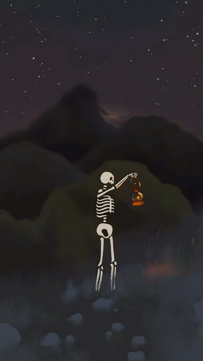 a skeleton holding a lantern in the night sky Cute Halloween Skeleton Skeleton Aesthetic, Mr Skeleton, Cartoon Skeleton, dark slate gray