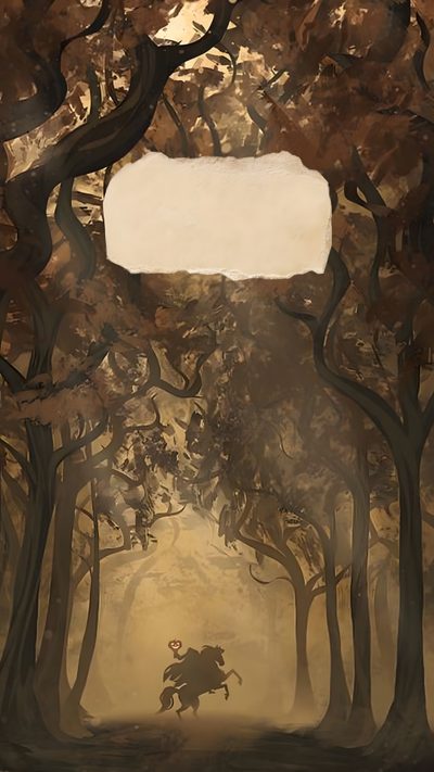 a horse running through a forest with trees and a sign hanging from it's side Halloween Headless Horseman Halloween Lock Screen, Iphone Cat, Witchy, Gothic, dark olive green