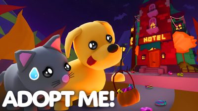 an animated image of two dogs and a cat with the words adopt me in front of them Adopt Me Halloween October Festival, Halloween Furniture, Haunted Hotel, Across The Universe, saddle brown