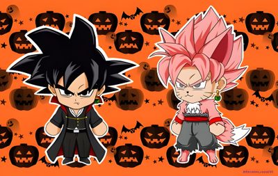 two cartoon characters standing next to each other on an orange background with halloween pumpkins Goku Black Halloween 4k Halloween Dragon Ball, Halloween Goku, Halloween Goku Black Pfp, chocolate
