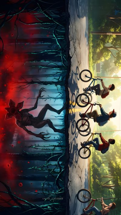 the amazing spider - man movie poster is shown in red and blue, as well as an image of people riding bicycles Stranger Things Halloween Stranger Things Horizontal, Stranger Things Pc, Iron Man Artwork, dark slate gray