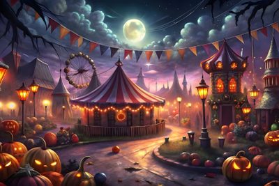 a painting of a carnival at night with pumpkins on the ground and lights in the sky Halloween Carnival Halloween Moon Background Hd, Spooky Themed Digital Backgrounds, Halloween Carnival, dark slate gray