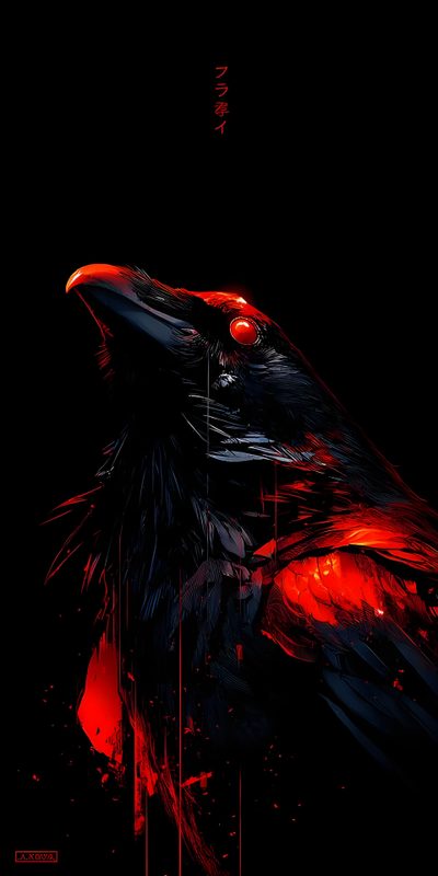 a painting of a black bird with red eyes Halloween Crow Dark Custom Evil Raven, Cuervo, Cyberpunk Raven, 3 Eyed Raven, Raven Skull, black