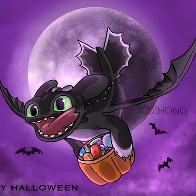 a black dragon flying in front of a full moon with an orange basket filled with candy Toothless Halloween Dreamworks Halloween, Toothless Christmas, Christmas Toothless, dark slate blue