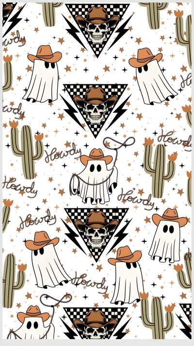 an image of a pattern with skulls and hats Aesthetic Western Halloween Western Fall Iphone, Boo Haw, Cowboy Halloween, floral white