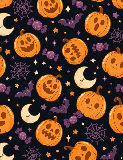 an image of halloween pumpkins and moon on a black background with purple, orange and yellow stars Halloween Pumpkins And Stars Scattered Fall Pumpkins, black