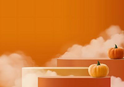 two orange pumpkins sitting on top of a shelf in front of some white clouds Halloween Podium Autumn Pumpkin Decor, Fall-themed Event Setup, Halloween Decoration Ideas, chocolate