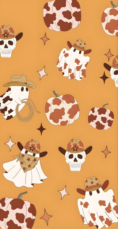 a cow with a cowboy hat and stars on an orange background Cowboy Halloween Halloween Country, Country Halloween, Fall Cow Print, sandy brown