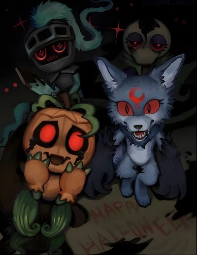 three cartoon characters are standing next to each other in front of a sign that says happy halloween Halloween Dandys World Rudie Dw Fanart, Halloween Toons, Dandy's World Twisted Fanart, black