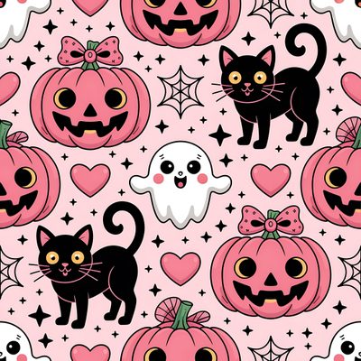 halloween seamless pattern with black cats and pumpkins on pink background, illustration stock photo Black And Pink Halloween Pink Halloween Ipad, Cute Pink Halloween, Kawaii Girly Cute Halloween,