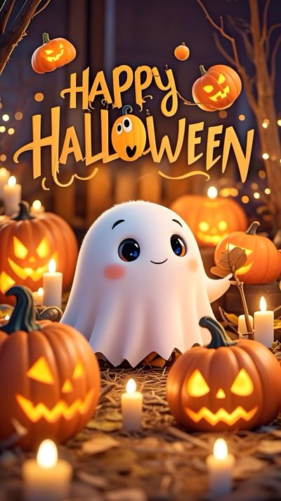 a happy halloween poster with pumpkins and ghost on the ground in front of it Happy Halloween 2025 Halloween Artwork, Cute Halloween Pictures, Cute Halloween Images, Halloween Cute, sienna