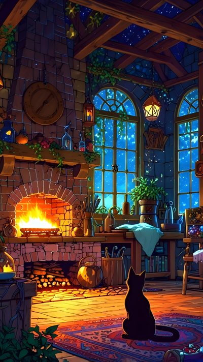 a cat sitting in front of a fire place Aesthetic Halloween Lofi Cozy Background 4k, Aesthetic Cozy 4k, Aesthetic Halloween Lofi, dark slate gray