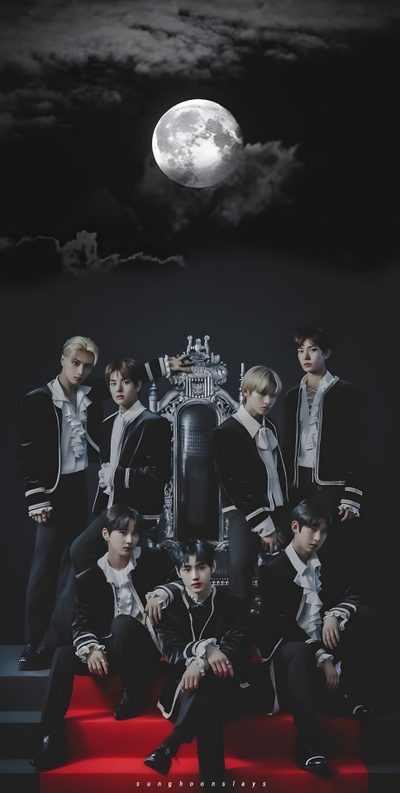 the members of exo posing for a photo in front of a full moon Enhypen Halloween Capcom Cosplay, Ateez Halloween, Fangirl Quotes, Korean Picture, black