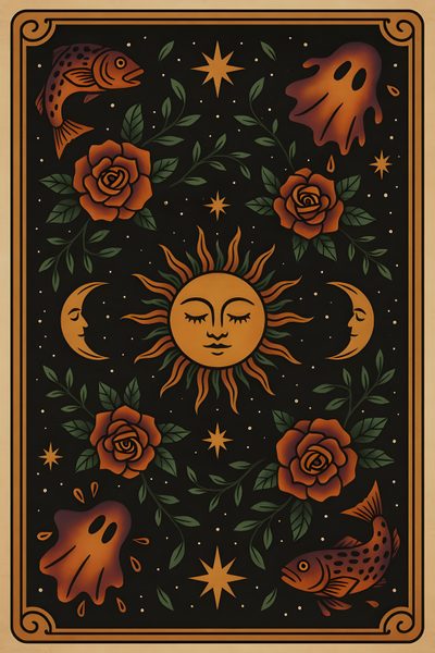 the sun and moon are surrounded by roses Halloween Sun Pattern Halloween Sun Pattern, Fall Witchy Background, Celestial Halloween, black