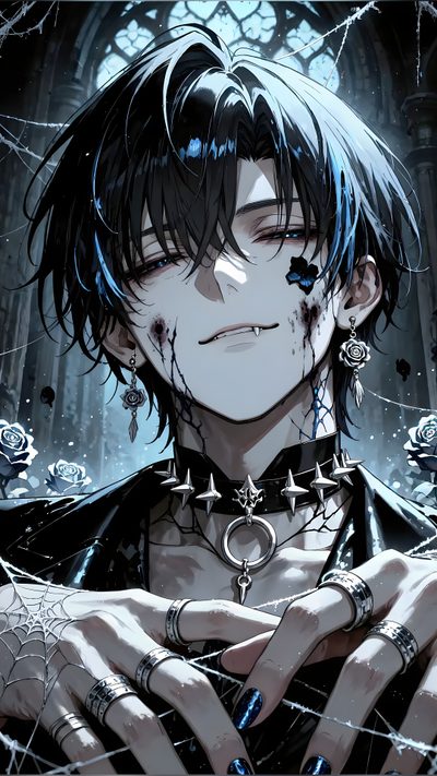 an anime character with black hair and piercings on his face, holding hands in front of him Halloween Anime Boy Anime Ghost, Anime Goth Boy, Goth Boy Art, Anime Goth, Goth Boy, dark slate gray