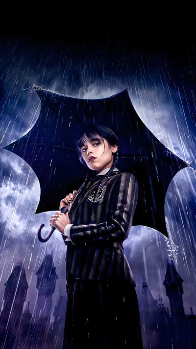 a woman holding an umbrella in the rain Wednesday Addams Halloween Funny Minion Memes, Attitude Status Girls, Wednesday Movie, black