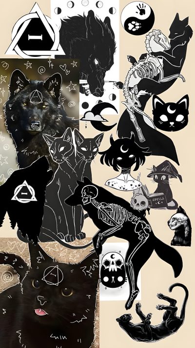 a collage of black cats and skulls Therian Halloween Therian Computer Background, Therian Animals, Therian Profile Picture, dark slate gray