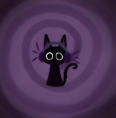 a black cat with glowing eyes is in the middle of a purple spiral design background Aesthetic Purple Purple Aesthetic Cute Halloween All Purple Pfp, Black Purple Cat, Kuromi Dark Purple, dark slate gray