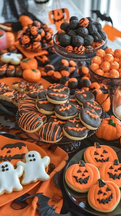 a table topped with lots of halloween cookies Halloween Cookie Halloween Popcorn Mix, Halloween Bites, Popcorn Recipes Easy, sienna