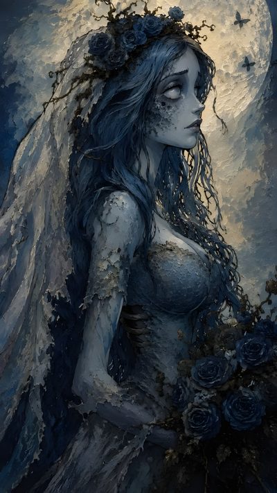 a painting of a woman with flowers in her hair and the moon above her head Halloween Iphone Corpse Bride Ghost Bride, Dark Art Photography, Goth, Dark Fantasy Artwork, dark slate gray