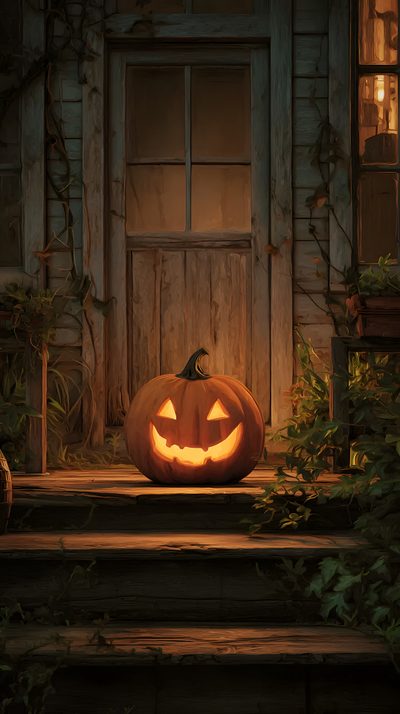 a lit up pumpkin sitting on the steps in front of a house with an open door Rustic Halloween Rustic Halloween, Jack O Lantern Iphone, Jack O Lantern Phone, black