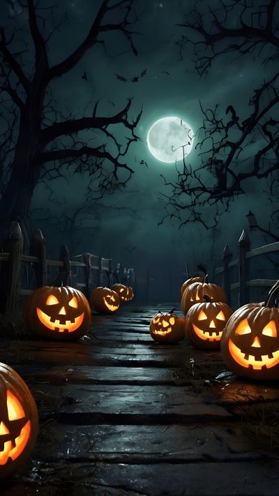 halloween pumpkins lit up on a wooden walkway at night with the moon in the background Halloween Is Coming Spooky Night, Halloween Depth Effect, Halloween Phone Backgrounds, black