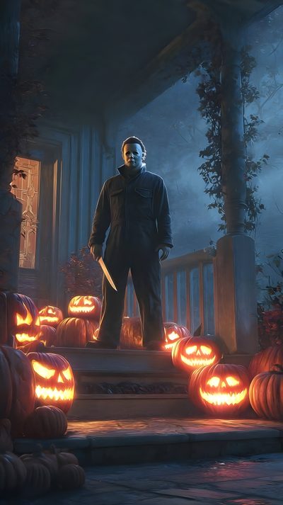 a man with a knife standing in front of pumpkins on the steps at night Halloween Franchise Michael Myers 4k, Halloween Michael Myers, Real Horror, Horror Photos, dark slate gray