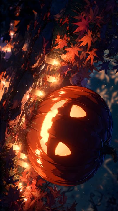 a jack o lantern hanging from a tree Halloween Anime 4k Pc Halloween, Halloween For Pc, Halloween Pc Background, Ultrawide Halloween, black